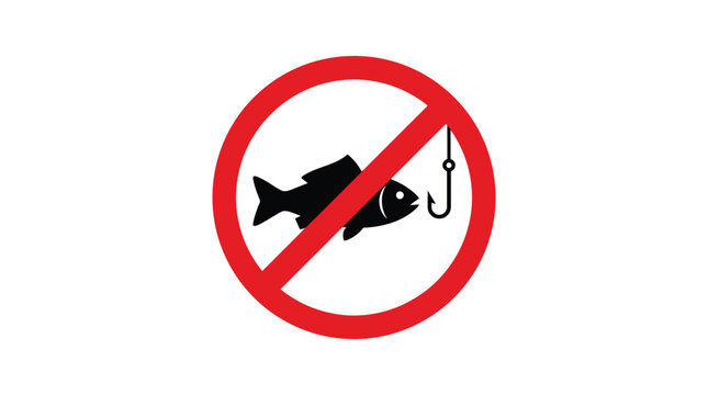 No fishing allowed sign featuring a black fish silhouette and hook inside a red circle