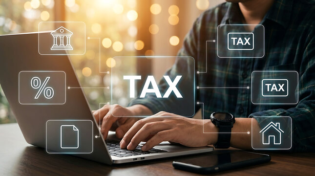 Businessman filling online tax return form using laptop computer in office