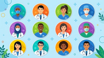 Fototapeta premium Diverse medical professional team avatars in flat design style