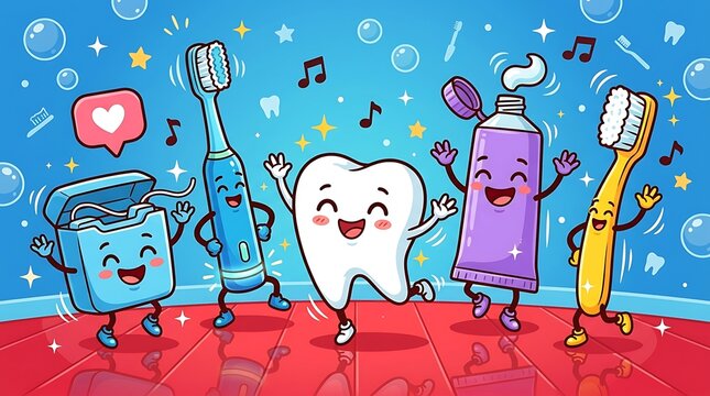 Happy tooth and dental care tools dancing together in celebration