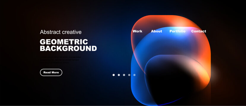 Dark background features vibrant abstract shapes, text, navigation menu. Modern design promotes creativity, portfolio access.