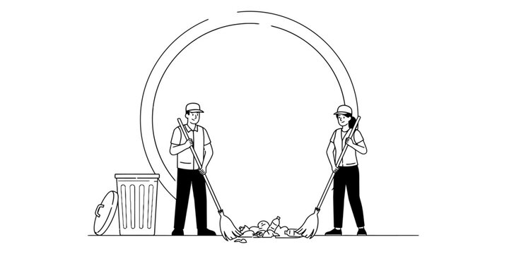 Man and woman cleaning trash with brooms and a garbage bin