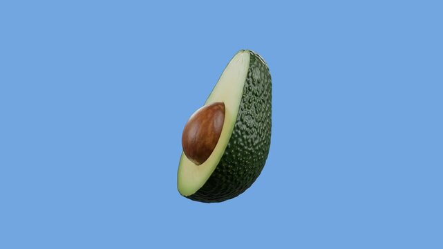 Half of a fresh green ripe avocado with its large seed pit levitating gracefully against a solid blue screen backdrop. Ideal for superfood promotional videos, healthy lifestyle campaigns, guacamole re