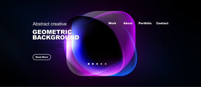 Dark website mockup features vibrant abstract shapes, text elements, navigation menu. Modern design promotes creativity, portfolio viewing.