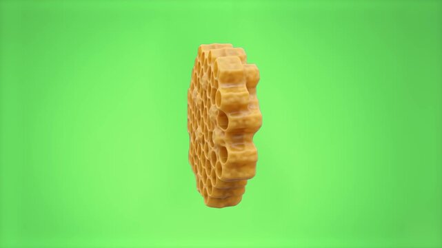 A detailed 3D rendering of a circular piece of natural yellow honeycomb showcasing perfect hexagonal wax cells, isolated against a solid green chroma key background. Ideal for organic food commercials