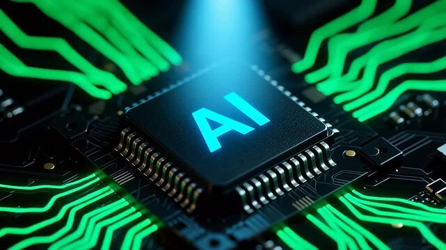 Ai chip glowing blue on circuit board