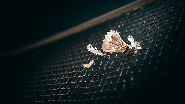 Badminton Shuttlecock Stuck in Net Closeup.