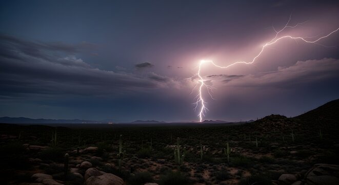 Dramatic lightning bolt striking over a dark desert landscape with saguaro cacti under a stormy twilight sky during a powerful summer monsoon weather event