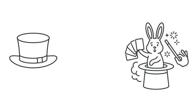 Line art illustration of a magician rabbit emerging from a top hat with playing cards.