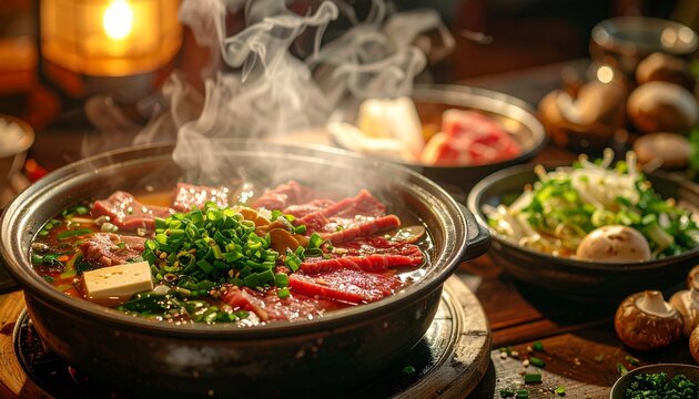 Japanese Sukiyaki Hot Pot Table with Tofu Mushrooms and Green Onion