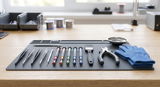 Precision Tool Kit for Electronics Repair and Recycling on Workbench