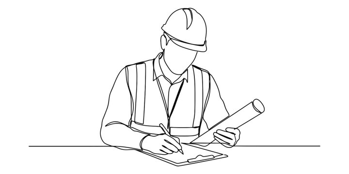 Construction worker wearing a hard hat writing on a clipboard with blueprints