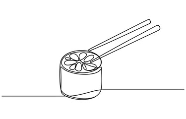 Continuous single line drawing of a piece of sushi roll being held by chopsticks Vector, illustration © Digital Illustration