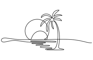 Continuous single line drawing of a palm tree and sun on a beach Vector, illustration © Digital Illustration
