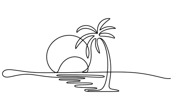 Continuous single line drawing of a palm tree and sun on a beach Vector, illustration