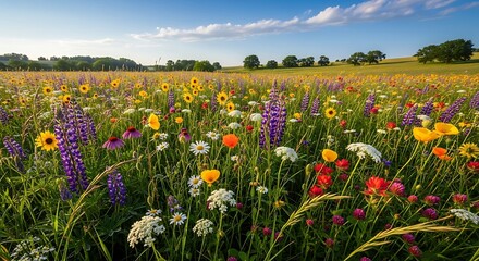 Fototapeta premium Beautiful Wildflower Field with Bright Yellow Marigolds and Vibrant Purple Lupines Under Blue Sky.