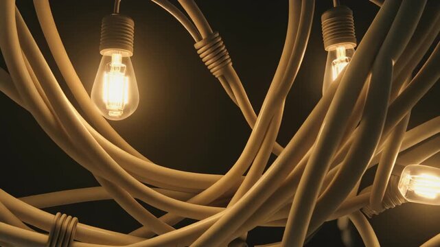 Retro 1980s Computer Technology with Thick Beige Cables and Blinking Incandescent Bulbs