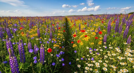 Fototapeta premium Beautiful Wildflower Meadow Under Clear Blue Sky Scene.