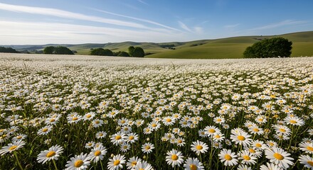 Fototapeta premium Beautiful Wildflower Field with Rolling Green Hills and Bright Sky.