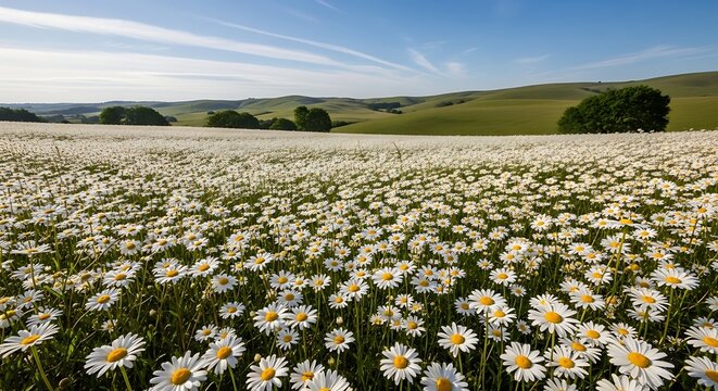 Beautiful Wildflower Field with Rolling Green Hills and Bright Sky.