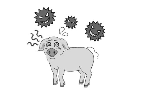 Monochrome cartoon of a worried pig surrounded by virus characters, black and white line art on a white background