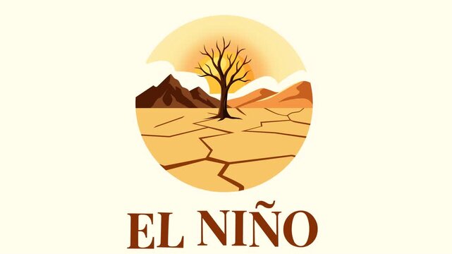 Animated El Ni&ntilde;o concept featuring cracked dry land, a leafless tree, and intense sunlight. Ideal for climate change, drought, extreme weather, environmental awareness, and global warming projects.