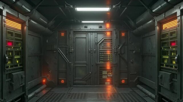 Cold War Era Bunker Server with Heavy Metal Doors and Analog Warning Lights Loop