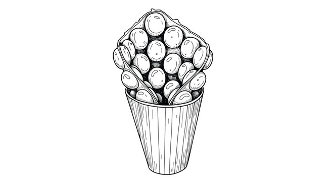 Artistic black and white line drawing of a Hong Kong style bubble waffle served in a simple paper cone container.