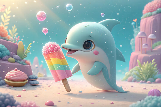 An adorable baby dolphin, cute 3D chibi style, oversized sparkling eyes, rosy cheeks, happily holding an enormous rainbow popsicle, magical underwater candy world with candy reefs, jelly desserts, pas