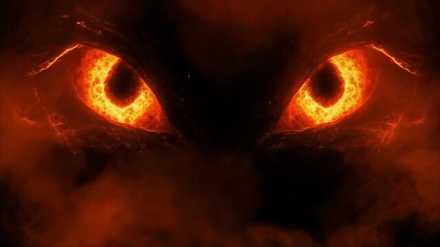 Glowing fiery eyes with molten lava texture in dark surrounding