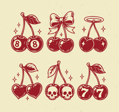 Set of cute cherry with various themes and design elements in vector.