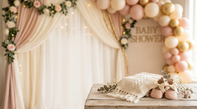 Pink infant shoes and knitted blanket on a wooden table in front of a baby shower balloon arch, fabric backdrop with fairy lights, floral garlands, and gold lettered signage.
