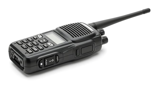 Black portable handheld two way radio transceiver isolated on white background.