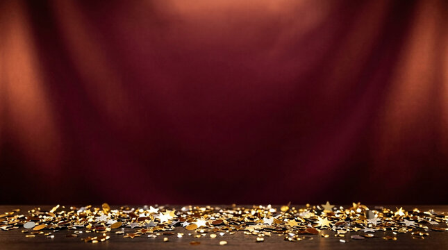 Golden and silver star-shaped confetti on a dark wooden surface against a maroon textured backdrop with soft overhead lighting, festive celebratory background for awards or events.