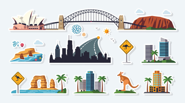 Australian Landmarks Vector Sticker Collection - Sydney Opera House, Bridge, Uluru