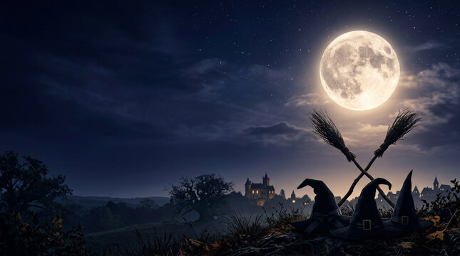 Night scene featuring three black witch hats and crossed broomsticks on a grassy hill with a large full moon, starry sky, and a distant medieval castle in a misty landscape.