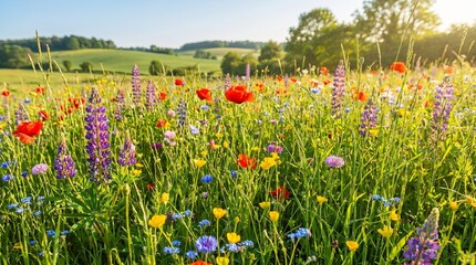 Fototapeta premium Wildflower meadow blooming with colorful spring blossoms beneath bright sunshine, surrounded by lush grass, fresh seasonal landscape