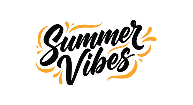 Artistic hand drawn lettering of the phrase summer vibes in bold black script decorated with yellow and orange sun like flourishes.