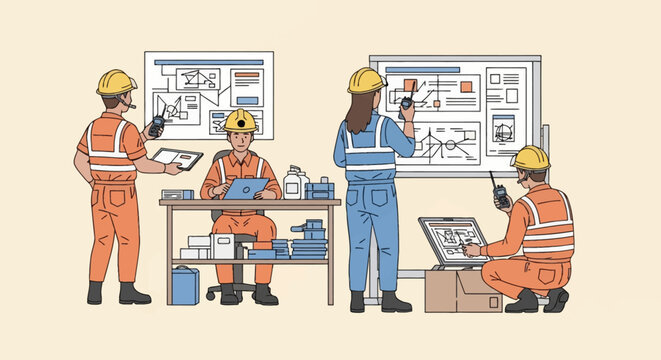 Emergency responders in high-visibility uniforms and hard hats operating a coordination center with radios, laptops, and tactical maps on whiteboards for disaster management.