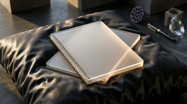 Spiral Notebook Resting on a Dark Cushion.