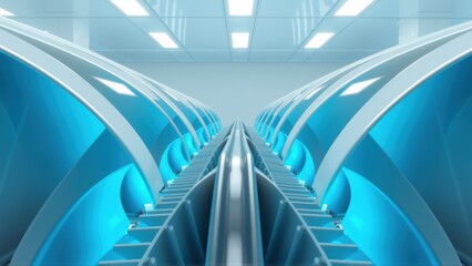 Fototapeta premium Futuristic tunnel design. Blue lighting creates dramatic perspective. Metallic surfaces reflect light, suggesting advanced technology. Clean lines dominate composition.