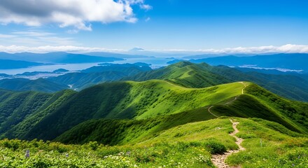 Fototapeta premium Breathtaking panoramic view of lush green mountain ridges under a bright blue sky.