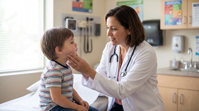 Pediatrician Examining Child Lymph Nodes in Clinic