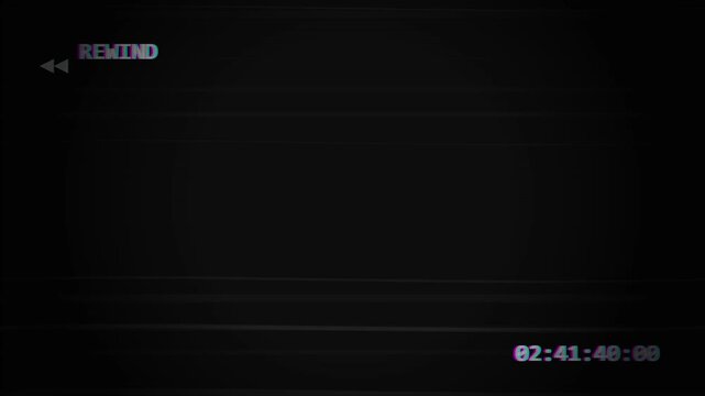 retro vhs tape static and glitches with rewind text and timestamp overlay, vintage video footage