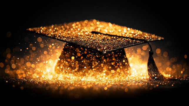 A glittering graduation cap shines brightly against a dark background, symbolizing achievement and celebration.
