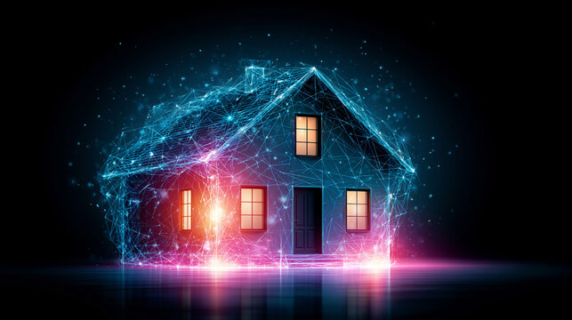 A glowing, futuristic house made of interconnected blue digital lines and nodes, illuminated by warm window lights against a dark background.