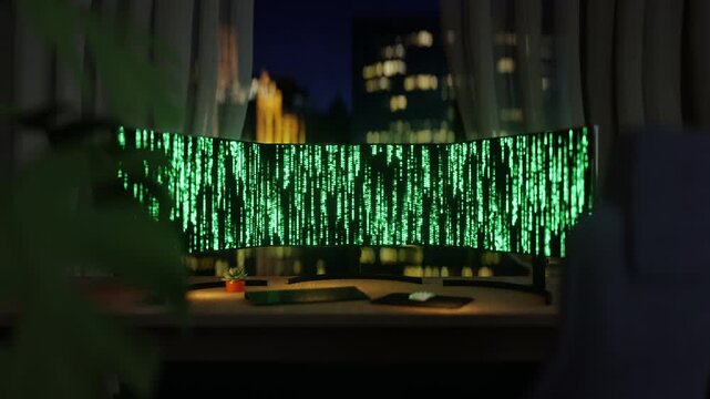 Three monitors with cascading green digital code in a dimly lit office overlooking city skyline at night. Futuristic cybersecurity, software development, and hacking concept. 3D Render Loop Animation