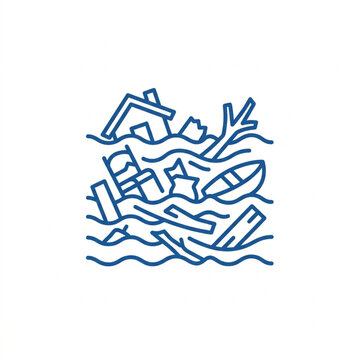Minimalist line art of a house and boat in flood waters.