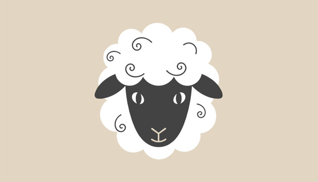 Stylized cartoon illustration of a cute white sheep face with curly wool against a soft pastel beige background.