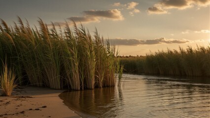 Obraz premium A dense stand of Phragmites australis (common reed) sways gently along a serene riverbank during golden hour.